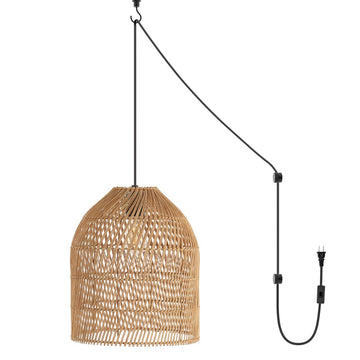 Koda 13" Farmhouse Coastal Bohemian Rattan 180" Cord Plug-In or Hardwired LED Pendant - JONATHAN Y